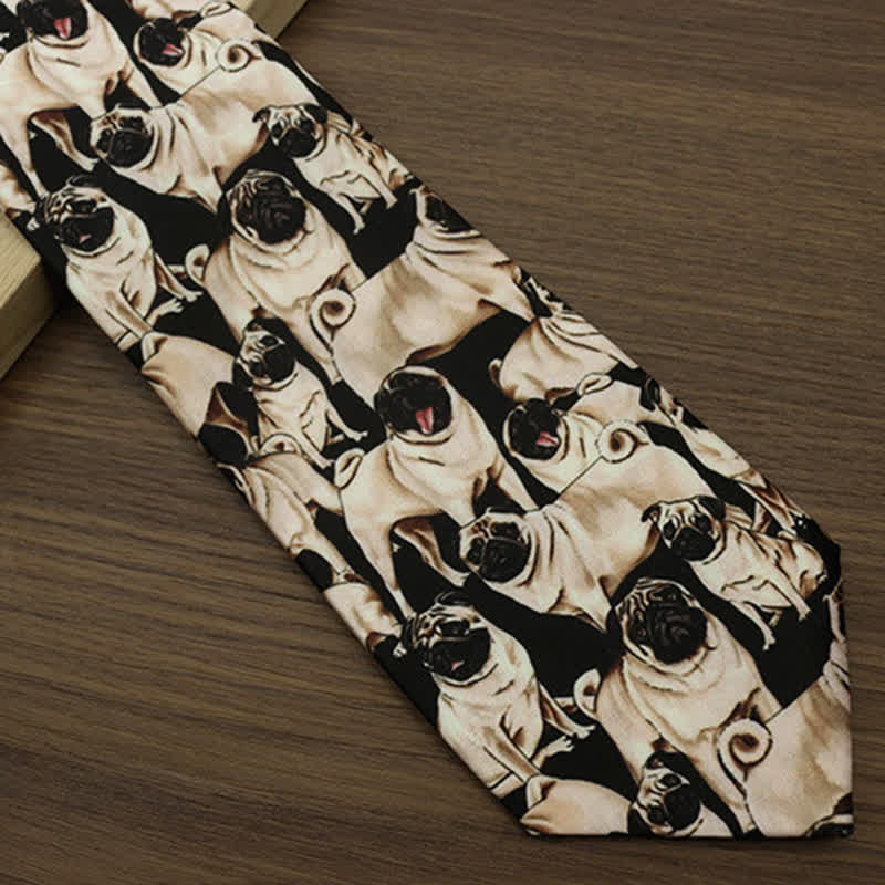Cravatta da uomo nera e beige con stampa "A Bunch Of Pugs"