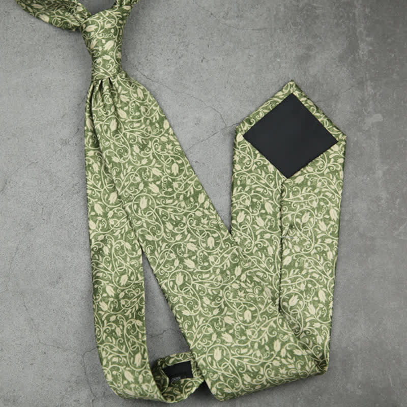 Cravatta da uomo con stampa floreale a forma di vite verde e bianca