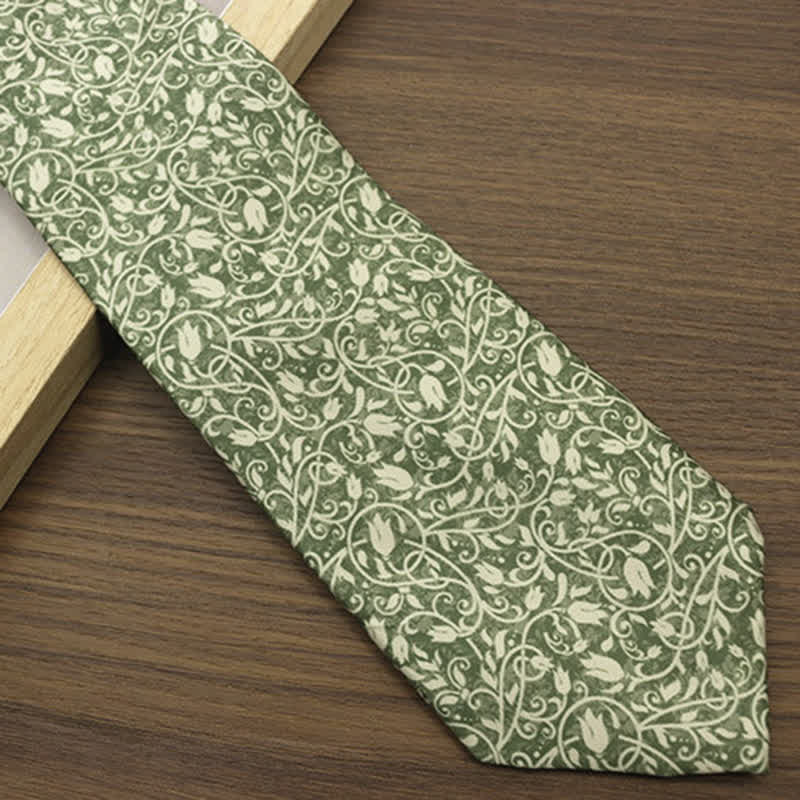 Cravatta da uomo con stampa floreale a forma di vite verde e bianca