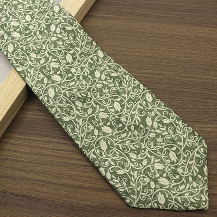 Cravatta da uomo con stampa floreale a forma di vite verde e bianca
