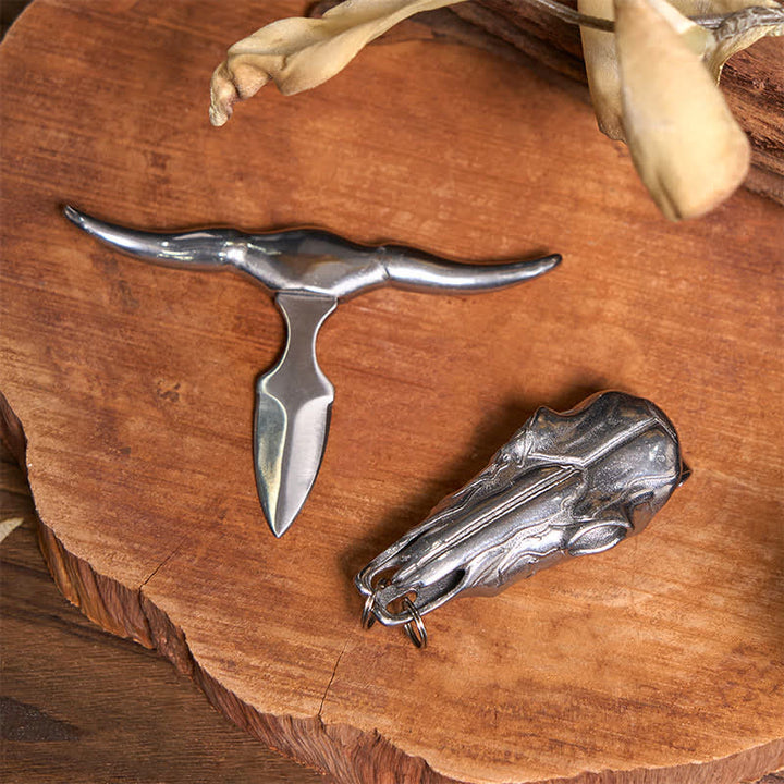 Set fai da te con fibbia per cintura con coltello nascosto a forma di rosa, ciondolo a forma di toro, teschio e anello a forma di rosa