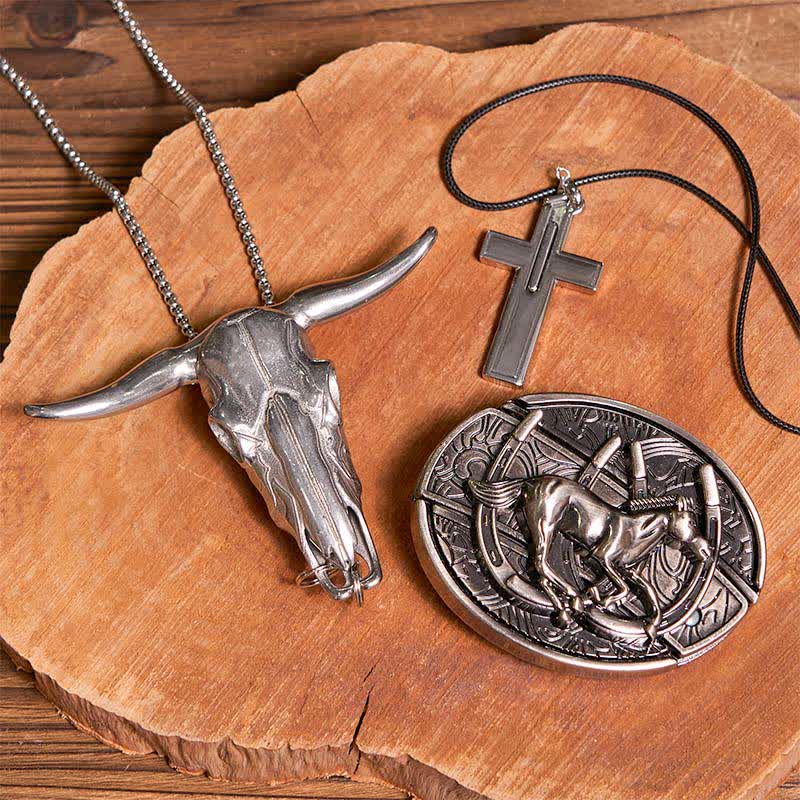 Set di collana con ciondolo a forma di croce, cavallo al galoppo fai da te, coltello nascosto, fibbia per cintura