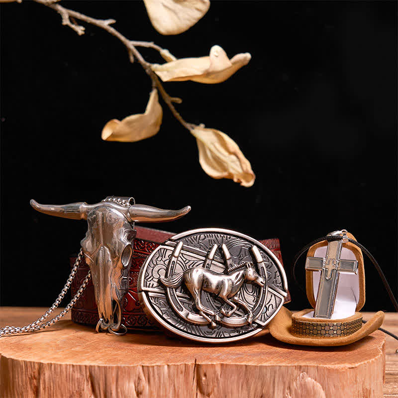 Set di collana con ciondolo a forma di croce, cavallo al galoppo fai da te, coltello nascosto, fibbia per cintura