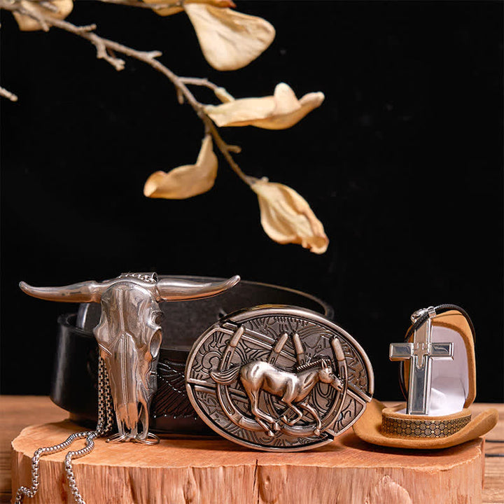 Set di collana con ciondolo a forma di croce, cavallo al galoppo fai da te, coltello nascosto, fibbia per cintura