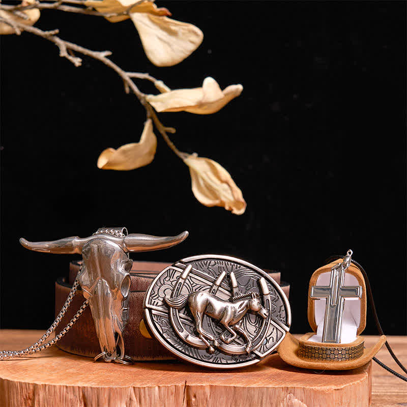 Set di collana con ciondolo a forma di croce, cavallo al galoppo fai da te, coltello nascosto, fibbia per cintura