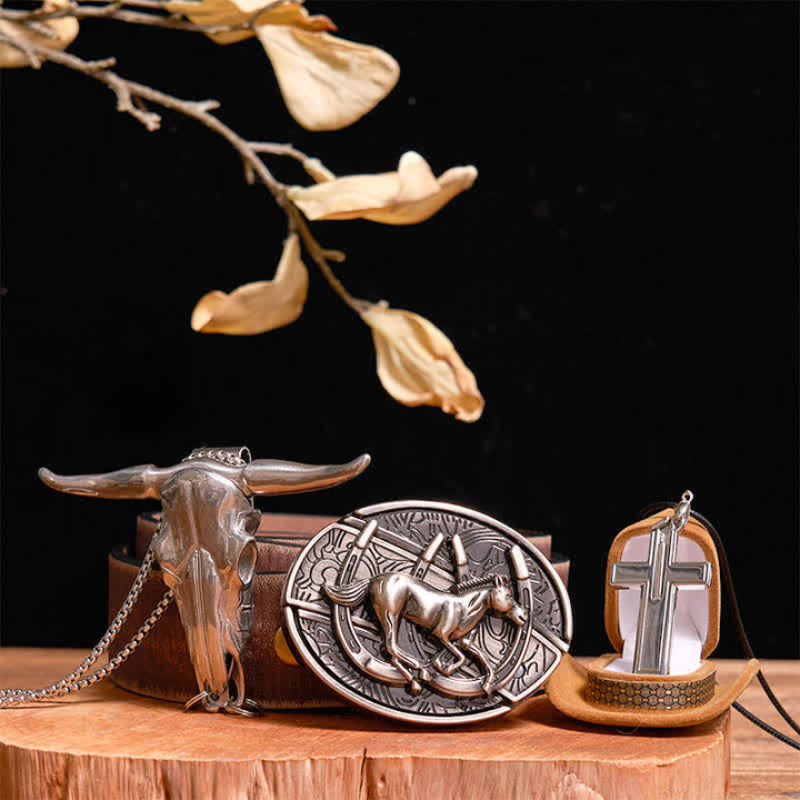 Set di collana con ciondolo a forma di croce, cavallo al galoppo fai da te, coltello nascosto, fibbia per cintura