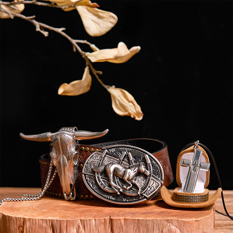 Set di collana con ciondolo a forma di croce, cavallo al galoppo fai da te, coltello nascosto, fibbia per cintura