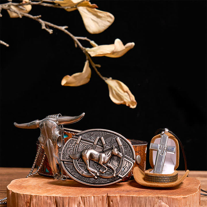 Set di collana con ciondolo a forma di croce, cavallo al galoppo fai da te, coltello nascosto, fibbia per cintura
