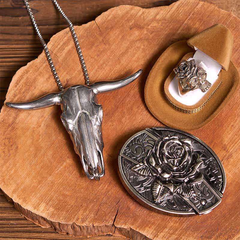 Set fai da te con fibbia per cintura con coltello nascosto a forma di rosa, ciondolo a forma di toro, teschio e anello a forma di rosa
