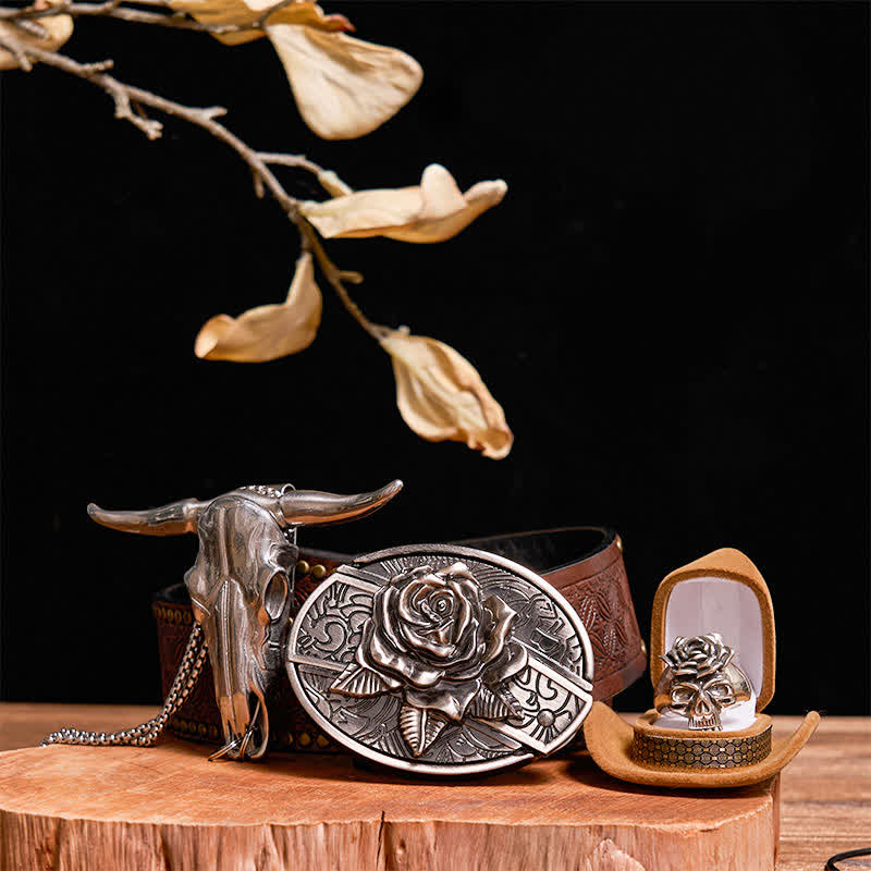 Set fai da te con fibbia per cintura con coltello nascosto a forma di rosa, ciondolo a forma di toro, teschio e anello a forma di rosa - Rosa - Cintura con rivetti marroni - 42 - image 8