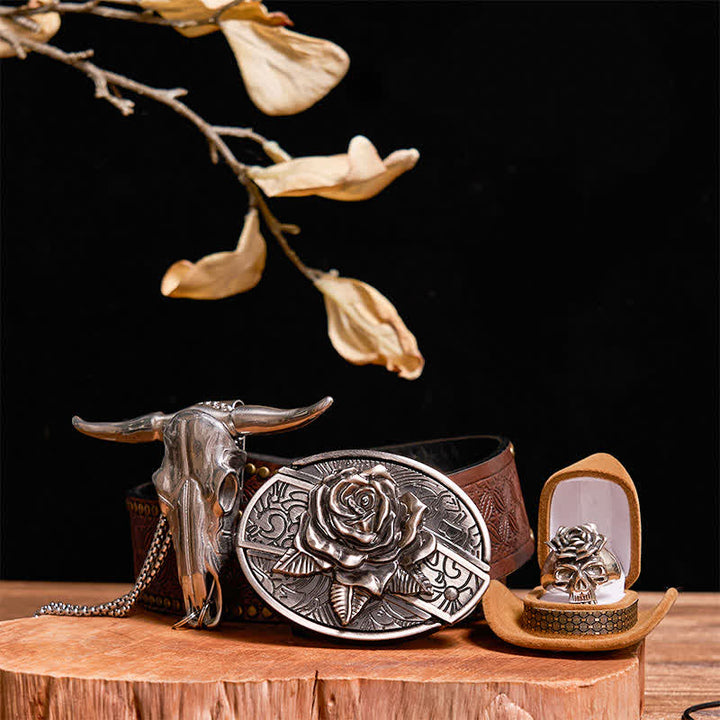 Set fai da te con fibbia per cintura con coltello nascosto a forma di rosa, ciondolo a forma di toro, teschio e anello a forma di rosa - Rosa - Cintura con rivetti marroni - 42 - image 8