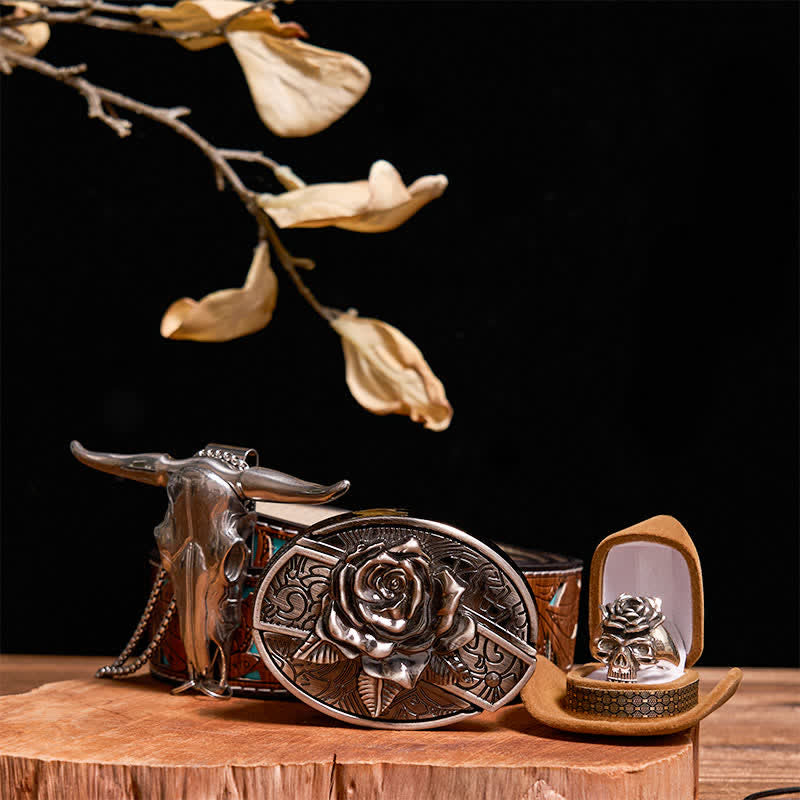 Set fai da te con fibbia per cintura con coltello nascosto a forma di rosa, ciondolo a forma di toro, teschio e anello a forma di rosa