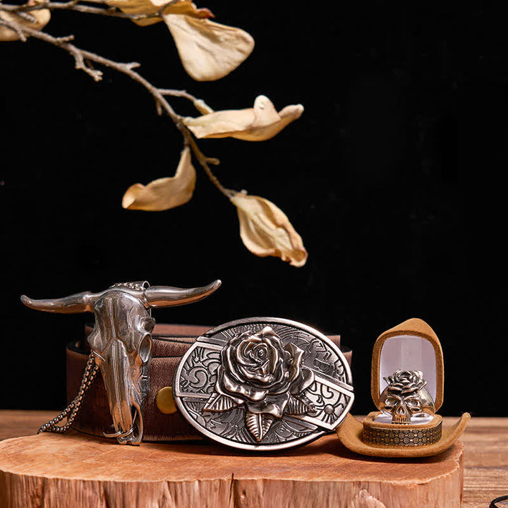 Set fai da te con fibbia per cintura con coltello nascosto a forma di rosa, ciondolo a forma di toro, teschio e anello a forma di rosa