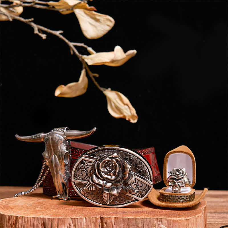 Set fai da te con fibbia per cintura con coltello nascosto a forma di rosa, ciondolo a forma di toro, teschio e anello a forma di rosa - Rosa - Cintura marrone intagliata - 42 - image 10