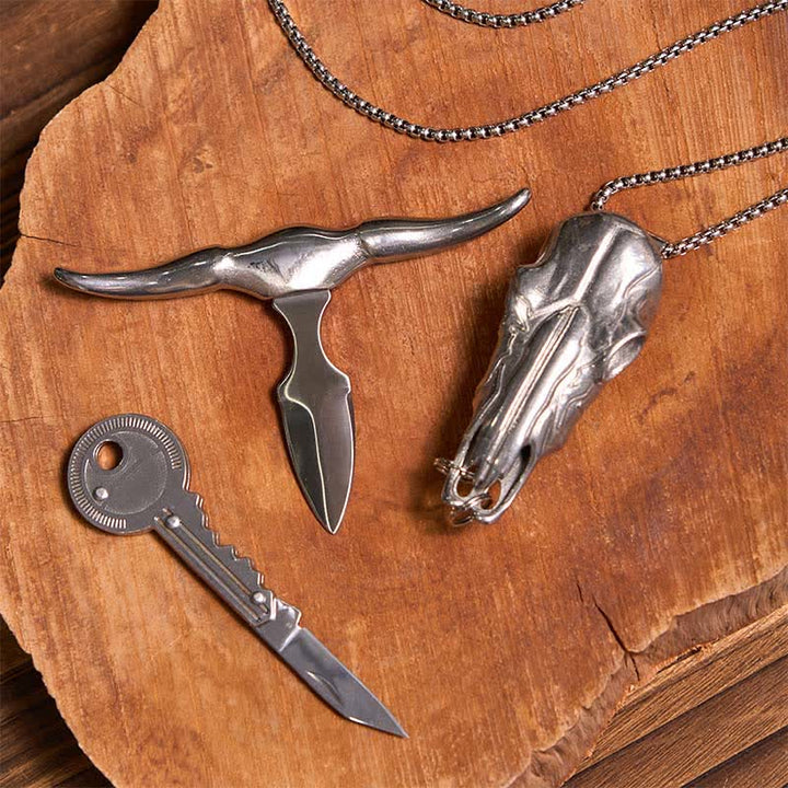 Set di portachiavi fai da te a forma di chiave con ciondolo a forma di toro Longhorn e coltello nascosto
