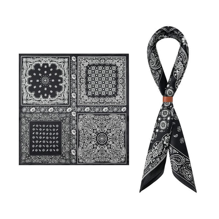 Sciarpa quadrata con motivo a griglia a quattro riquadri Paisley bianco e nero