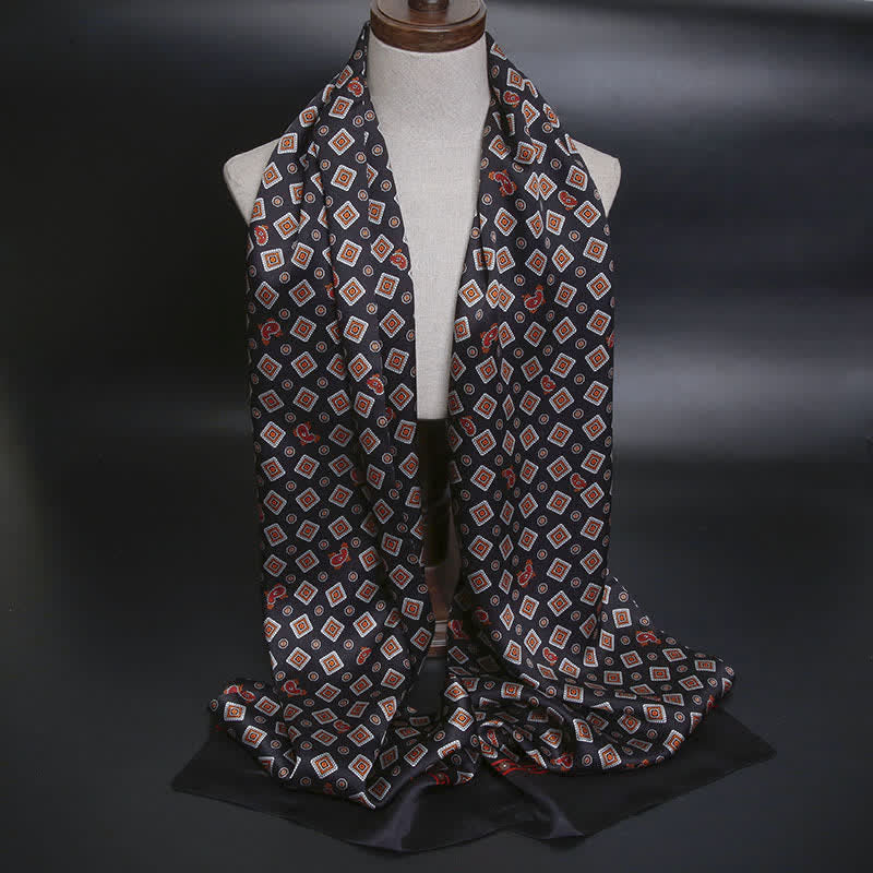 Sciarpa lunga e sottile in pura seta con motivo Paisley a quadrati ripetuti da uomo - Nero - image 8