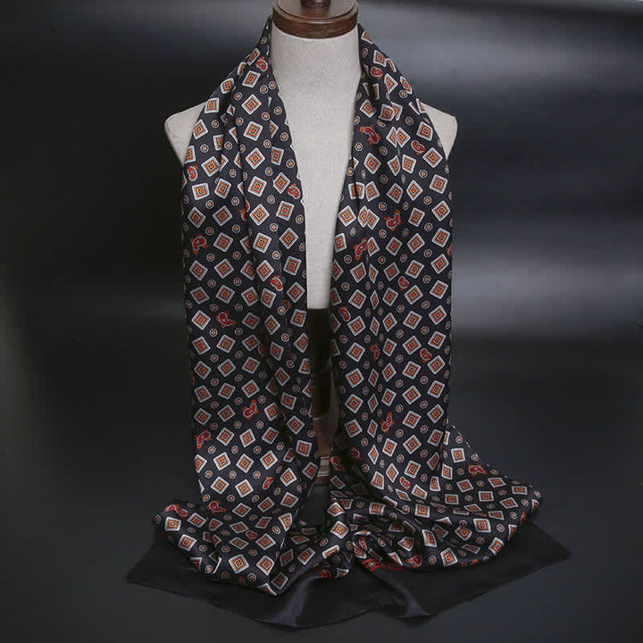 Sciarpa lunga e sottile in pura seta con motivo Paisley a quadrati ripetuti da uomo - Nero - image 8