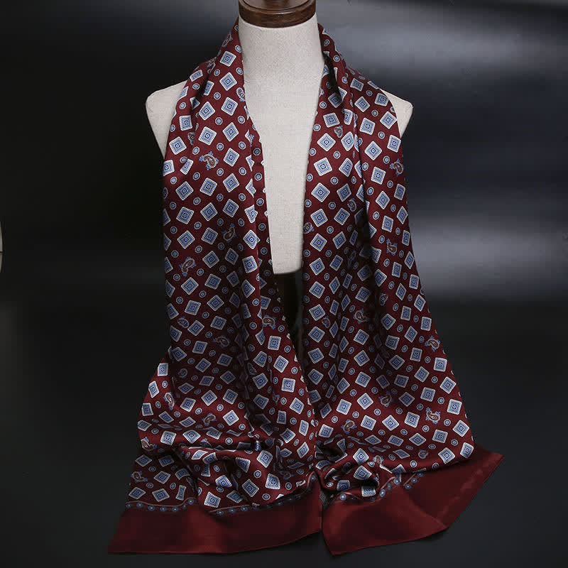 Sciarpa lunga e sottile in pura seta con motivo Paisley a quadrati ripetuti da uomo - Rosso scuro - image 5