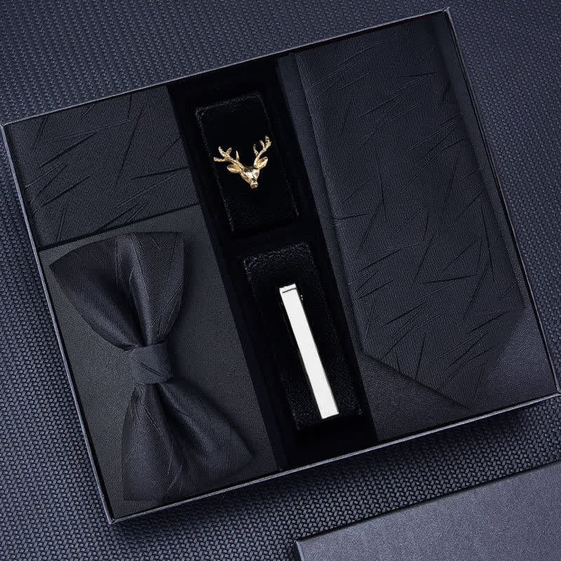 5 pezzi Cravatta a righe da uomo con spilla a forma di cervo, papillon, scatola regalo - Nero #3 - image 6