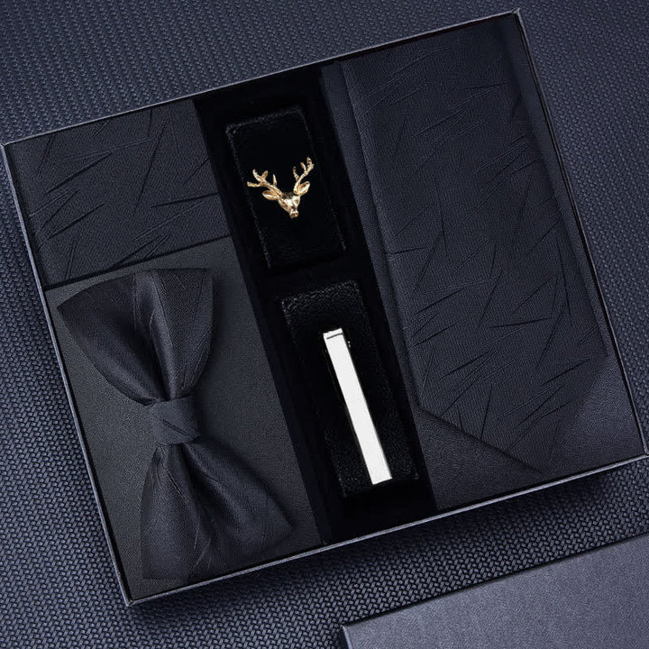 5 pezzi Cravatta a righe da uomo con spilla a forma di cervo, papillon, scatola regalo - Nero #3 - image 6