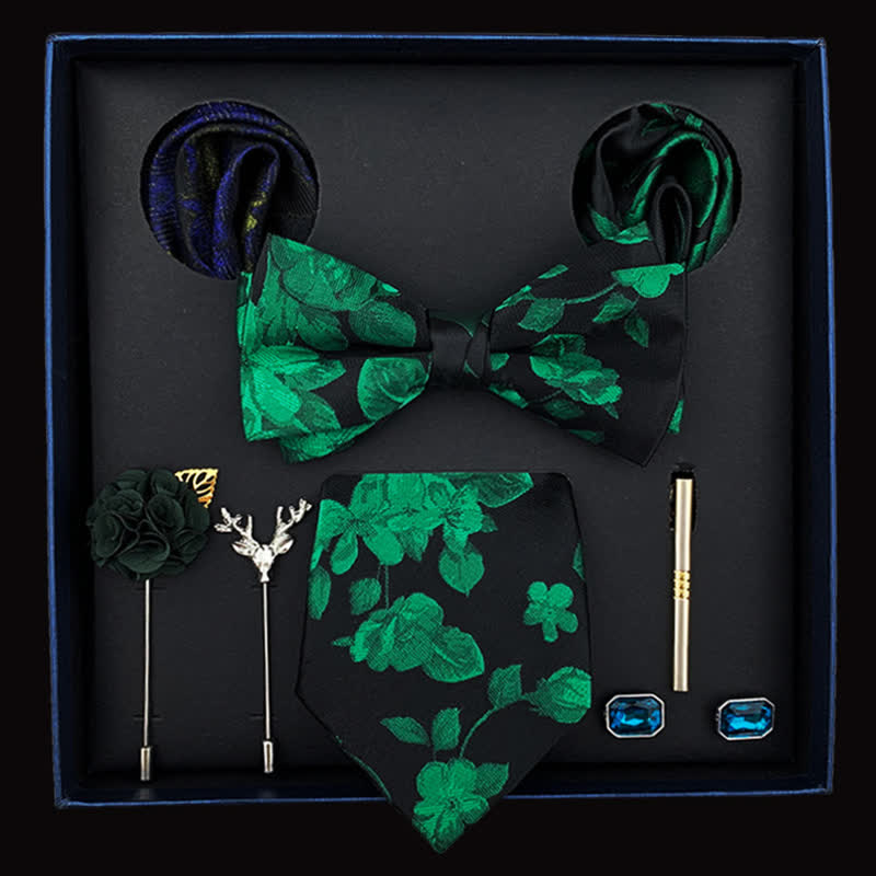 8 pezzi papillon floreali da uomo con foglie verdi e nere, confezione regalo - Verde e nero - image 0