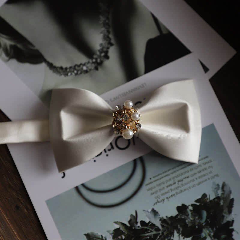 Papillon da uomo con fiori dorati e perle finte - Bianco - image 10