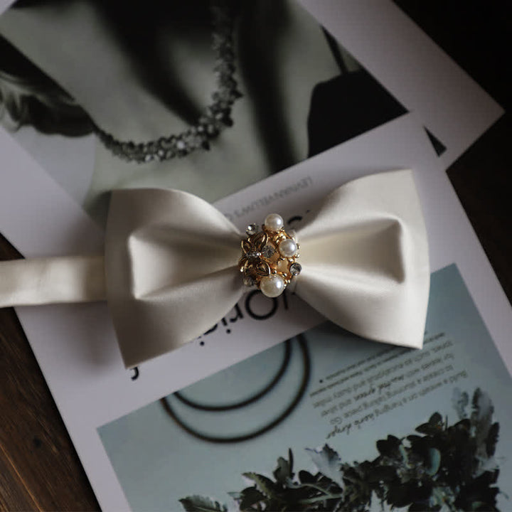 Papillon da uomo con fiori dorati e perle finte - Bianco - image 10