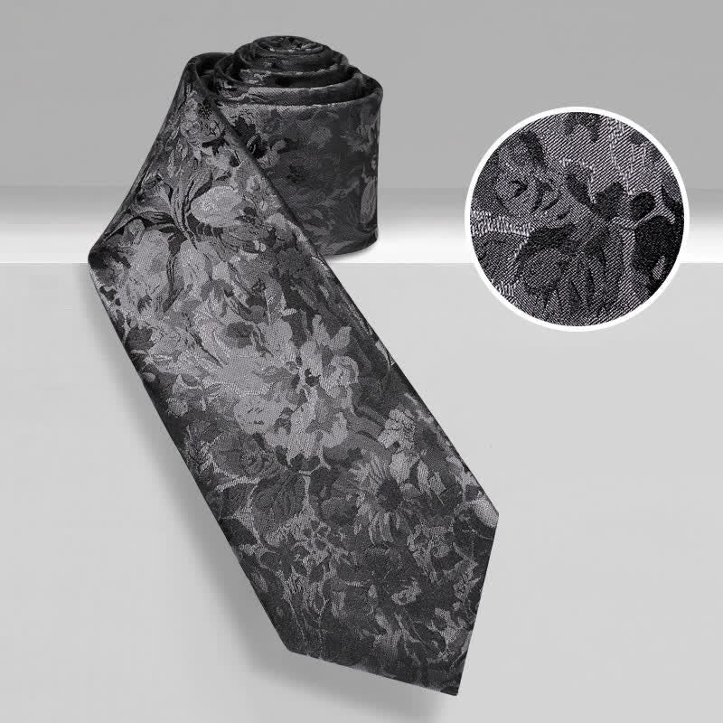 Cravatta da uomo in pura seta con motivo floreale grigio scuro e nero - image 1