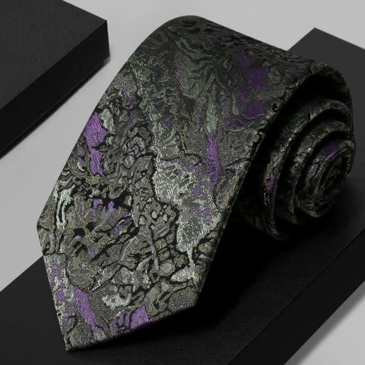 Cravatta da uomo in pura seta con motivo astratto delicato viola e grigio