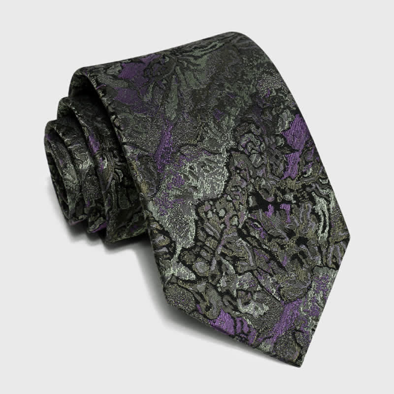 Cravatta da uomo in pura seta con motivo astratto delicato viola e grigio