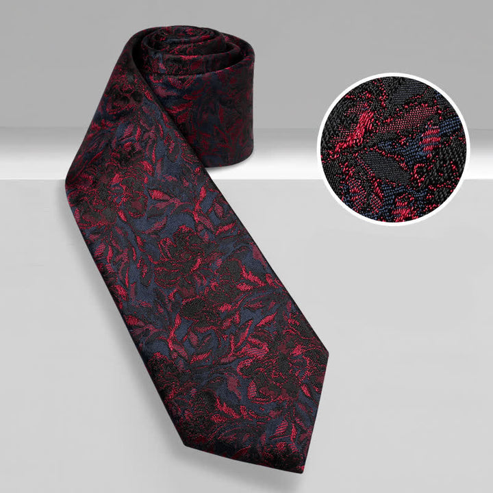 Cravatta da uomo vintage in pura seta con fiori rosso scuro