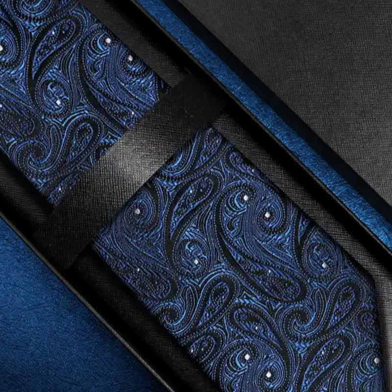 Cravatta da uomo in pura seta con motivo Paisley blu scuro e nero
