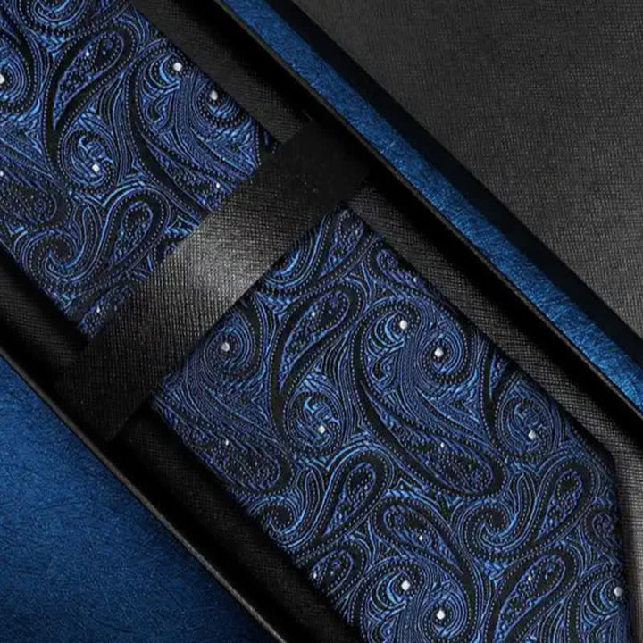 Cravatta da uomo in pura seta con motivo Paisley blu scuro e nero