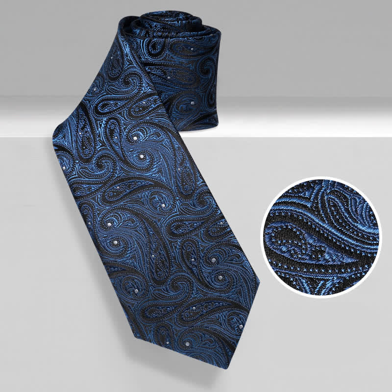 Cravatta da uomo in pura seta con motivo Paisley blu scuro e nero