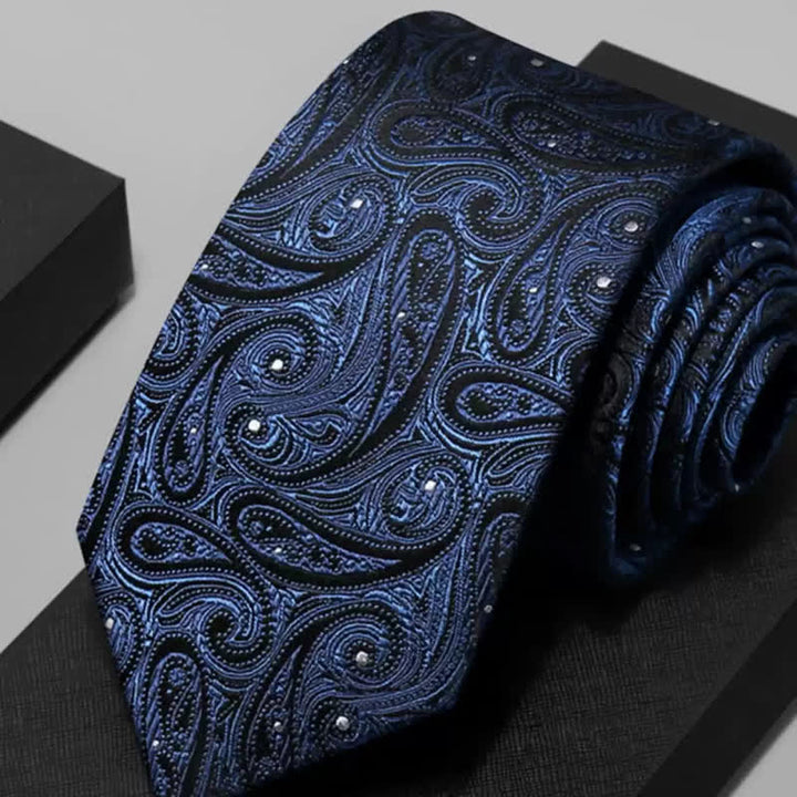 Cravatta da uomo in pura seta con motivo Paisley blu scuro e nero