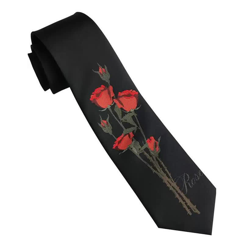 Cravatta da uomo romantica nera con motivo a mazzo di rose rosse