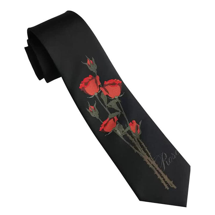 Cravatta da uomo romantica nera con motivo a mazzo di rose rosse