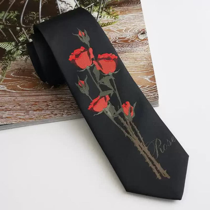 Cravatta da uomo romantica nera con motivo a mazzo di rose rosse