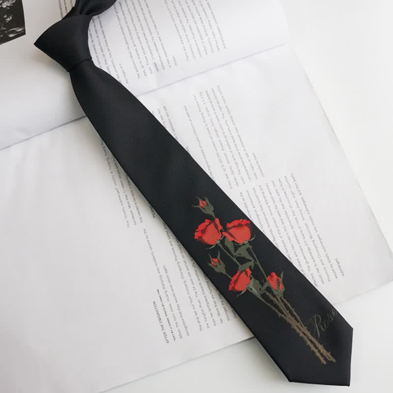 Cravatta da uomo romantica nera con motivo a mazzo di rose rosse