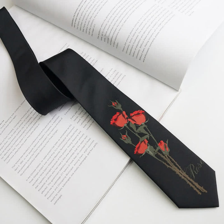 Cravatta da uomo romantica nera con motivo a mazzo di rose rosse