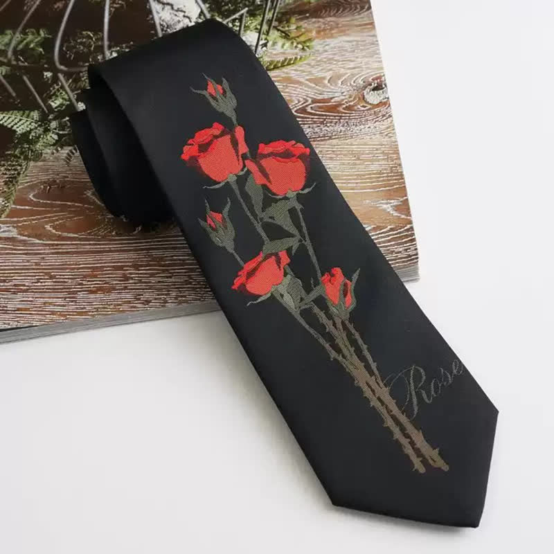 Cravatta da uomo romantica nera con motivo a mazzo di rose rosse - Nero e rosso - image 0