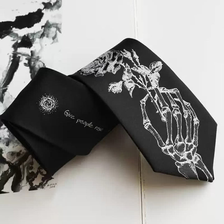 Cravatta da uomo nera e argento con stampa "Give People Rose"