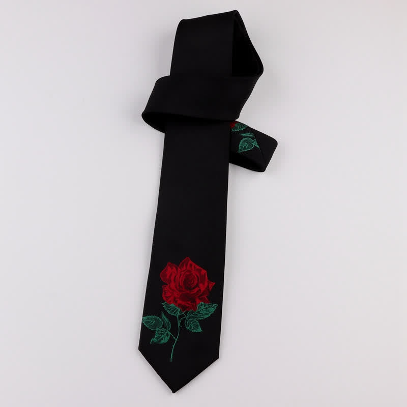 Cravatta da uomo nera ricamata con rosa blu Enchantress