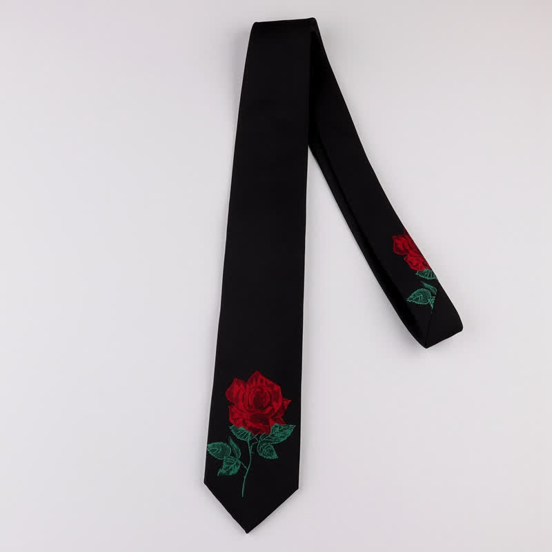 Cravatta da uomo nera ricamata con rosa blu Enchantress