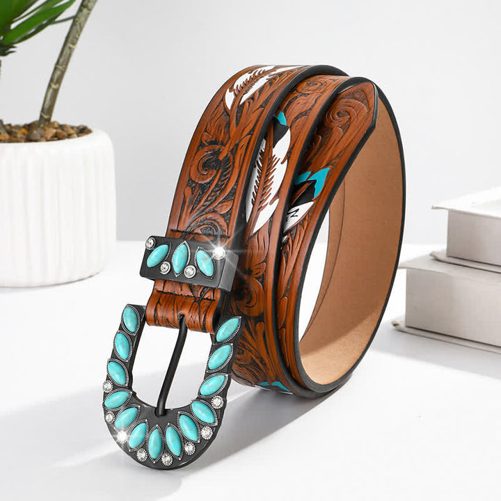Cintura in pelle con fibbia turchese e stampa di piume vintage Boho Chic