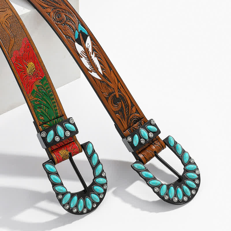 Cintura in pelle con fibbia turchese e stampa di piume vintage Boho Chic