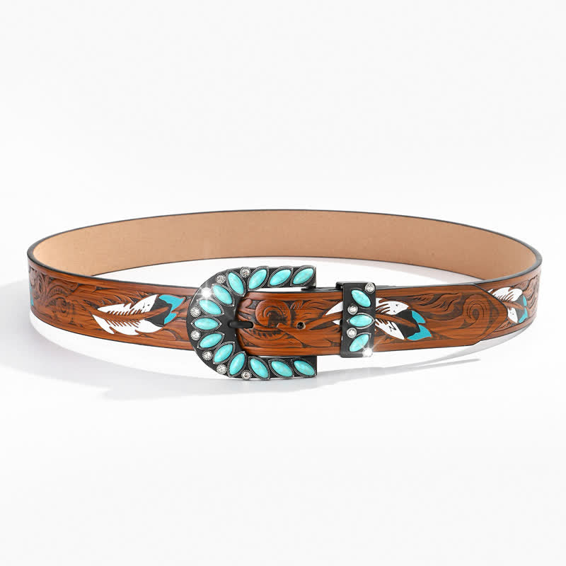 Cintura in pelle con fibbia turchese e stampa di piume vintage Boho Chic
