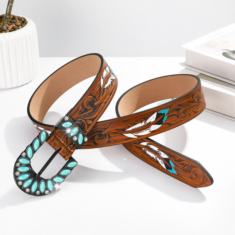 Cintura in pelle con fibbia turchese e stampa di piume vintage Boho Chic
