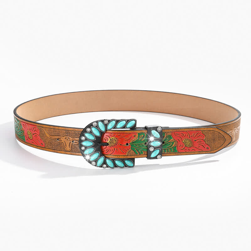 Cintura in pelle con fibbia turchese e stampa di piume vintage Boho Chic